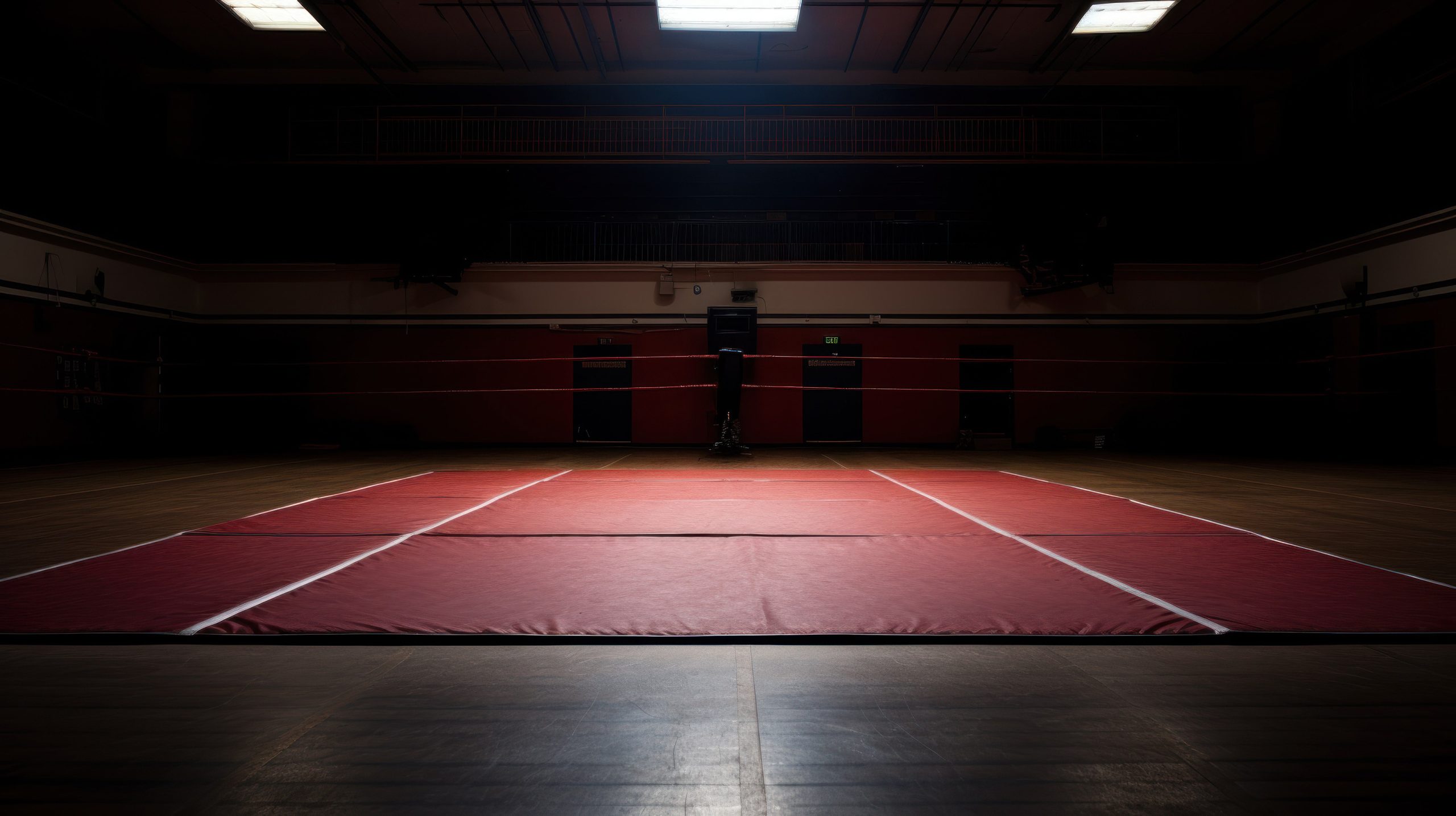full shot on a photo of a wrestling mat in an empty gym in low light with space for text. concept sport, wrestling, gym, competition,